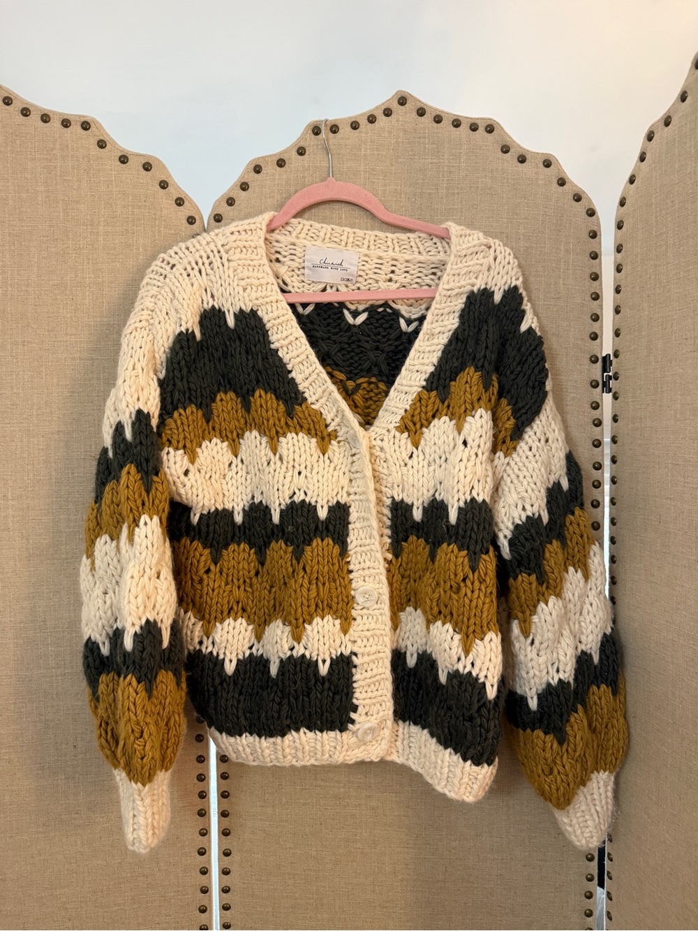 Chicwish Chunky Chevron Knit Cardigan in Cream, Mustard & Black